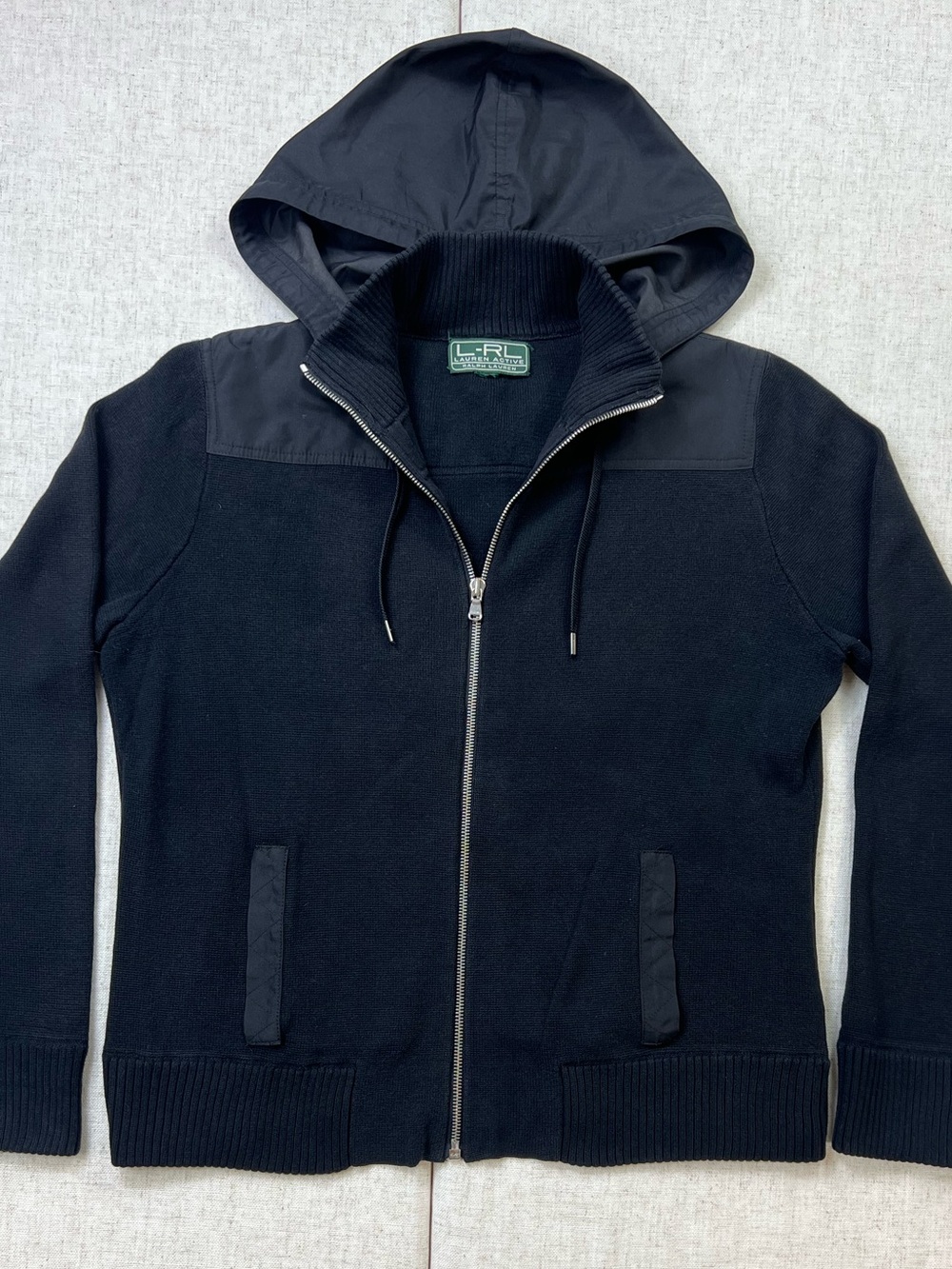Y2K Vintage Ralph Lauren Active Black Knit Nylon Hooded Full Zip Sweater Jacket